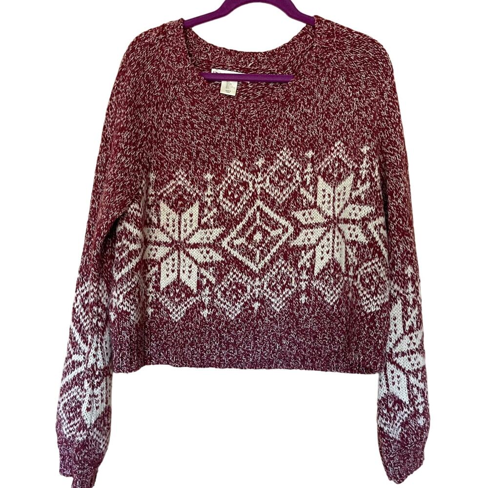 Kaisley Cropped Wool Blend Snowflake Red Cream Sweater Sz L Ski Outdoor Nordic